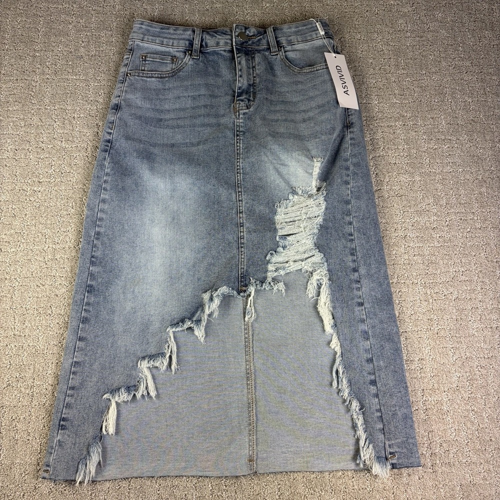 ASVIVID Distressed Denim Midi Skirt Asymmetrical Raw Hem Ripped Jean Blue NWT M